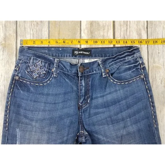PETROL JEANS Denim Jenna Womens Size 29x34 Blue Distress’s Stud Casual Zip - Picture 11 of 13